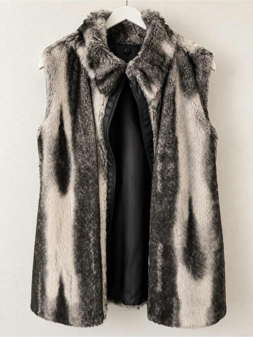 Faux Fur Zip Front Vest Gray Black Cream Sleeveless Statement Vest